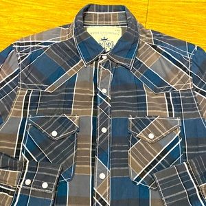 No. 01 Supply Company USA Blue and Brown Plaid Long Sleeve Pearl Snap Shirt M